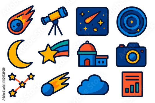 Leonids Icon Set. Flat vector icons of Leonids Meteor Shower: Meteor, Telescope, Night Sky, Star Trail, Moon, Shooting Star,