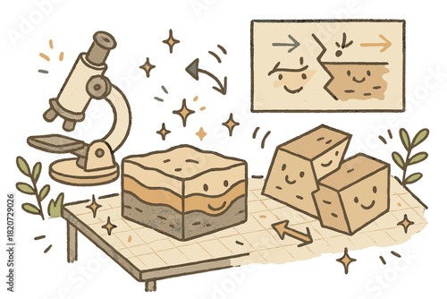 Whimsical Tectonics Lab. Whimsical doodle tectonophysics lab with smiling rock layers, cartoon faults with faces, tiny arrows