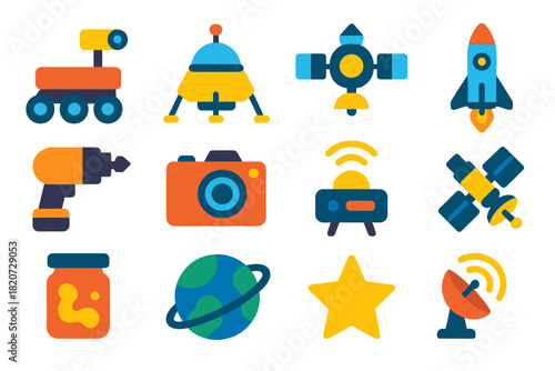 Space Mission Icons. Flat vector icons of Space Missions for Life Detection: Rover, Lander, Orbiter, Rocket, Drill, Camera, Sensor