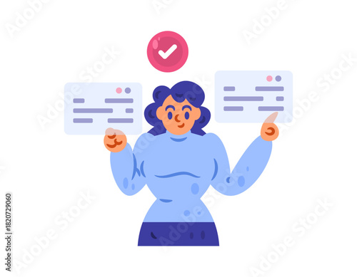 Illustration of a woman with a task window. Multitasking concept. Working on and completing several tasks at once. Body gestures. Flat style character design. White background.