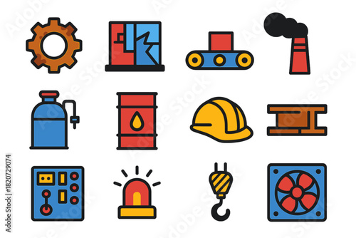 Forgotten Industry Icons. Flat vector icons of Forgotten Industry: rusted gear, broken factory window, conveyor belt, smokestack,