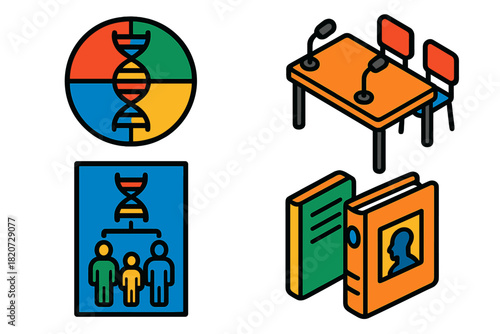 Bioethics Classroom Tools. Isometric vector illustration set Bioethics Classroom Tools: DNA ethics wheel, classroom debate desk,