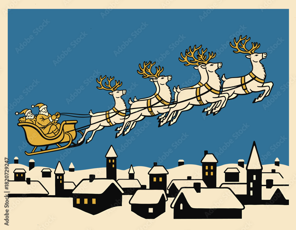 Fototapeta premium Iconic, retro illustration depicting Santa Claus riding his sleigh, packed with presents, and pulled by three flying reindeer over a snow-covered village at night. Perfect for traditional Christmas Ev