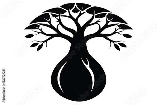 Silhouette of a unique tree with a dropshaped trunk stands isolated perfectly