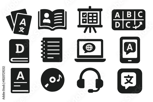 Language Learning Icons. Solid style icons of language learning materials: flashcards, storybook, grammar chart, phonics board,