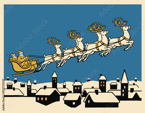 Iconic, retro illustration depicting Santa Claus riding his sleigh, packed with presents, and pulled by three flying reindeer over a snow-covered village at night. Perfect for traditional Christmas Ev