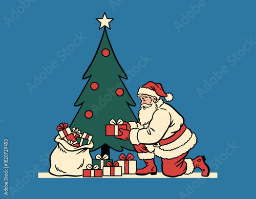 Charming, classic illustration of Santa Claus kneeling by a decorated green Christmas tree, carefully placing a wrapped gift from his sack onto the floor. This retro scene is ideal for traditional hol