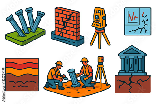 Archaeoseismology Icons. Isometric vector illustration set Archaeoseismology: tilted columns, fractured masonry, liquefied soil