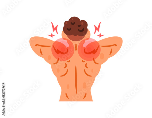 Illustration of a man feeling pain in his shoulder. Pain and cramps in the back muscles. The man is facing backwards. Health problems. Body gestures. Flat style character design. White background.