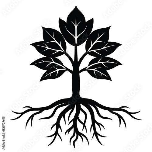 Black tree silhouette featuring detailed leaves and roots extends symmetrically against a white backdrop