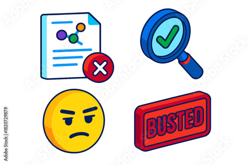 Modern Skepticism Icons. Isometric vector illustration set Modern Skepticism Icons: Scientific rebuttal paper, fact-check