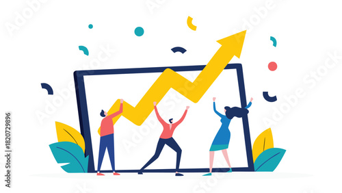 Dynamic composition of a diverse team of four individuals celebrating success with raised arms and joyful expressions conveying unity and achievement in a vibrant vector illustration