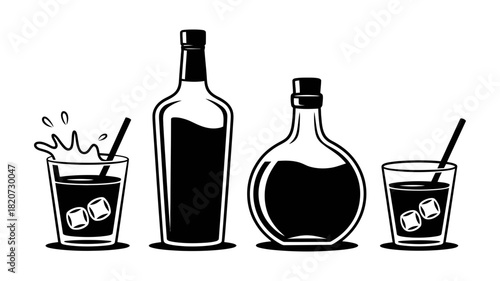 Alcoholic beverage vector art: tall bottle, round decanter, and two refreshing cocktails with ice and splash in glasses, isolated illustration.