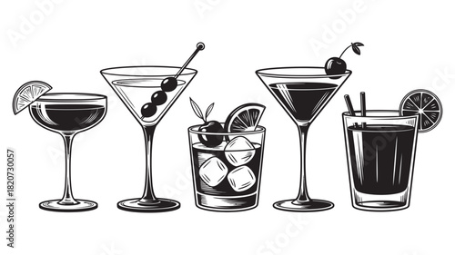 Vintage hand-drawn alcoholic cocktails collection. engraved style set of various classic bar beverages, drinks in different glasses illustration.