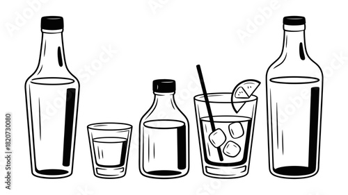 Alcoholic beverages outline drawing. set of various bottles, shot glass, and cocktail drink with ice and lime slice, on a clean backdrop