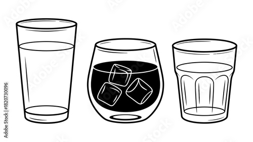 Line art illustration featuring a set of three distinct drinking glasses: a tall water glass, a whiskey tumbler with ice, and a standard beverage glass vector.