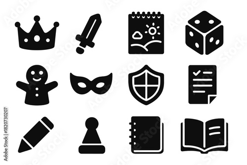 Imagination Play Icons. Solid style icons of Imagination Play: Paper Crown, Toy Sword, Drawing Pad, Dice, Puppet, Mask, Cardboard