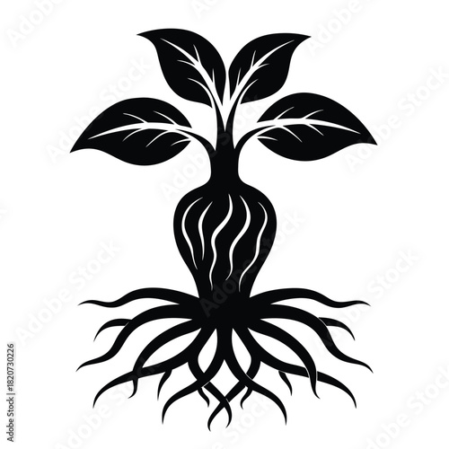 A stylized black plant thrives with healthy leaves and deeply rooted system for nourishment