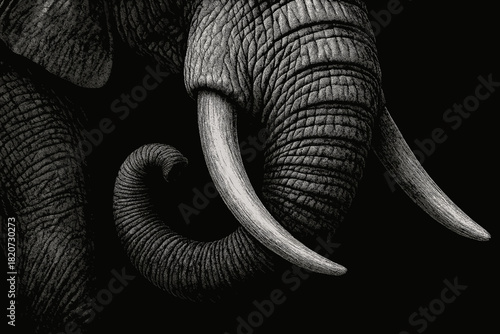Elephant Trunk Details. Black-and-white vector illustration close-up of an elephant’s trunk and tusks, sharp details and soft