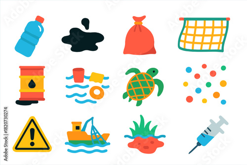 Marine Pollution Icons. Flat vector icons of marine pollution: plastic bottle, oil spill, trash bag, fishing net, chemical barrel,