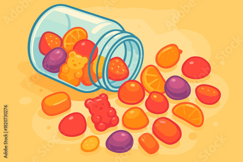 Colorful Gummy Vitamins. Vibrant gummy vitamins spilling out of a glass jar, bright and colorful tones, soft lighting, vector