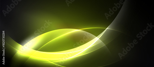 Abstract design features flowing yellow curves against dark background. Bright light emanates from central point, creating dynamic visual effect.