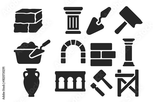 Ancient Building Tools. Solid style icons of Roman concrete and ancient building materials: stone block, column, trowel, mortar,