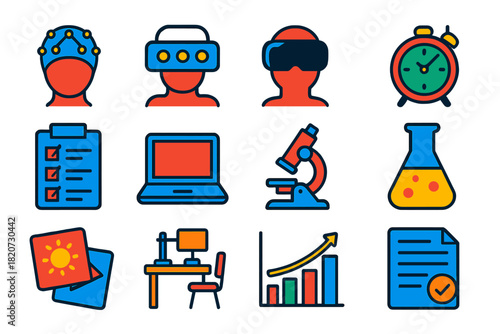 Experimental Tools Icons. Flat vector icons of experimental tools in cultural neuroscience: EEG cap, fNIRS device, VR headset,