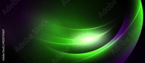 Abstract design features vibrant green, purple curves. Smooth gradients create luminous effect against dark background. Modern, dynamic composition.
