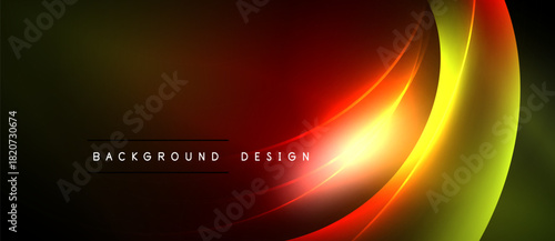 Abstract design features vibrant curves, gradients. Dark background contrasts bright yellow, red hues. Modern aesthetic, dynamic composition.