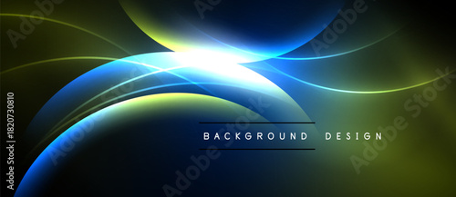 Abstract design features flowing curves, vibrant blues, yellows, bright light source. Dark background enhances luminosity, creating dynamic visual effect.