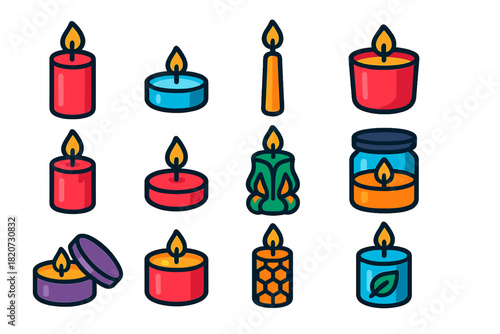 Modern Candle Icons. Flat vector icons of Candle Types: pillar candle, tealight, taper candle, container candle, votive candle,