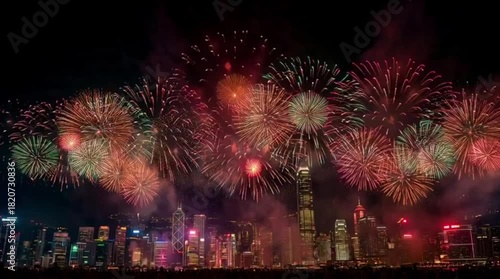 magnificent city view at night with spectacular fireworks display lit up above the skyscrapers.