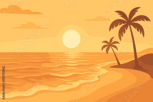 Sunset Beach Tranquility. Scenic beach at sunset with soft golden light reflecting on gentle waves, tranquil and serene tones,