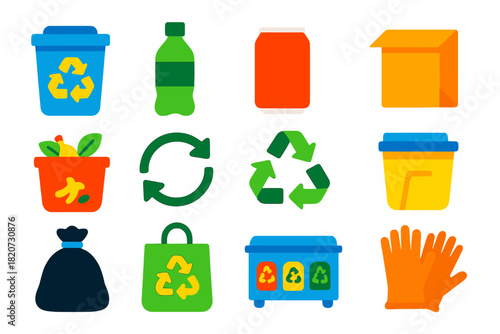 Bright Recycling Icons. Flat vector icons of recycling: paper bin, bottle, can, cardboard, compost, circular arrows, recycling