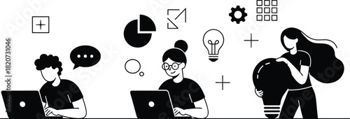 Business Team Collaborating on Laptops with Lightbulb for Creative Startup Ideas Vector.