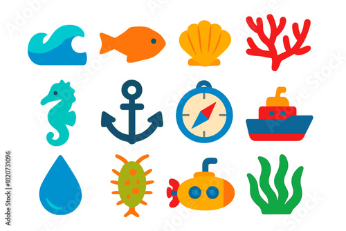Oceanography Icon Set. Flat vector icons of oceanography: wave, fish, shell, coral, seahorse, anchor, compass, ship, water droplet