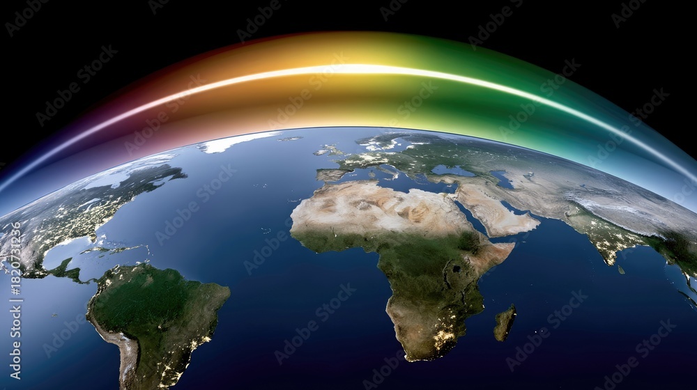 Fototapeta premium A vibrant, rainbow-colored atmospheric layer arches over the Earth, showcasing continents with illuminated city lights against the dark night sky.