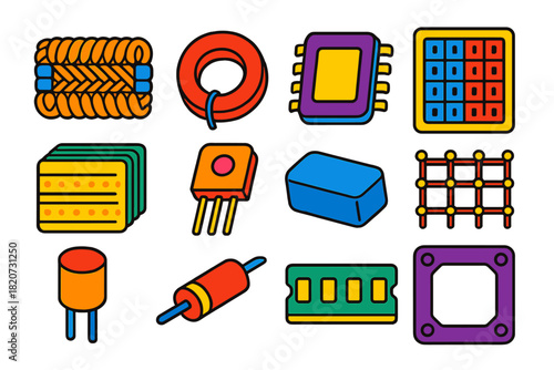 Analog Memory Icons. Isometric vector illustration set Analog Memory: woven rope memory, ring magnetic core, old chip part, binary