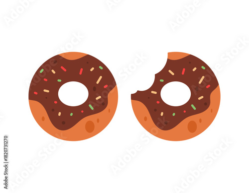 Illustration of a chocolate donut with sprinkles. A bitten donut. Sweet food, snacks, bread. Food condition. Flat style design. White background.