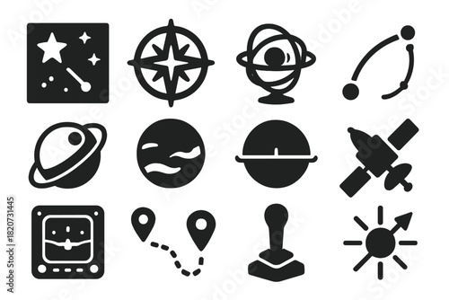 Space Navigation Icons. Solid style icons of Space navigation: star chart, compass, gyroscope, trajectory line, orbital map,
