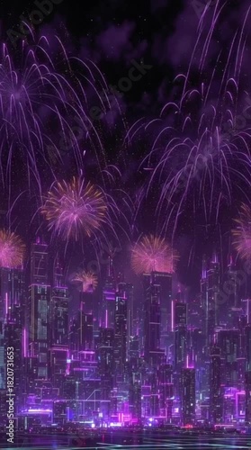 magnificent city view at night with spectacular fireworks display lit up above the skyscrapers.