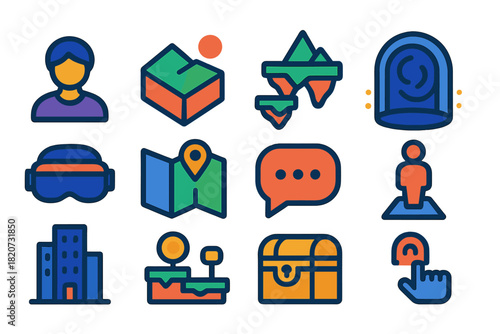 Virtual World Icons. Flat vector icons of virtual worlds: avatar, 3D landscape, floating islands, teleport portal, VR headset, map