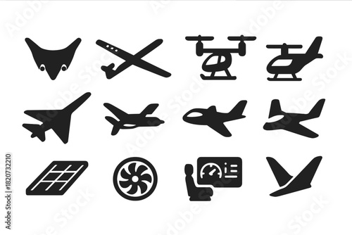 Aviation Icons Innovation. Solid style icons of aviation innovation: blended wing body, solar-powered plane, electric VTOL,