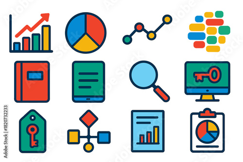 Linguistic Data Icons. Flat vector icons of Linguistic Data Visualization: Graph, Pie Chart, Line Chart, Word Cloud, Notebook,