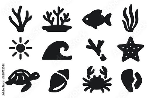 Coral Bleaching Icons. Solid style icons of Coral Bleaching: White Coral, Reef, Fish, Algae Loss, Sunlight, Wave, Broken Branch,