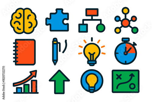 Cognitive Strategy Icons. Flat vector icons of Cognitive Strategies: Brain, Puzzle Piece, Flow Chart, Mind Map, Notebook, Pen,