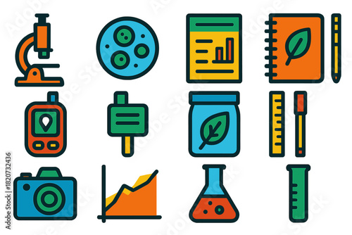 Ecological Research Icons. Flat vector icons of ecological research: microscope, petri dish, data sheet, field notebook, GPS