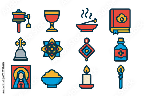 Sacred Object Icons. Flat vector icons of Sacred Objects: Prayer Wheel, Chalice, Incense, Scripture, Bell, Mandala, Talisman, Holy