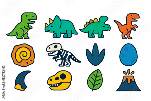 Minimalist Dinosaur Icons. Flat vector icons of Dinosaurs: T-Rex, Triceratops, Stegosaurus, Velociraptor, Fossil, Skeleton,